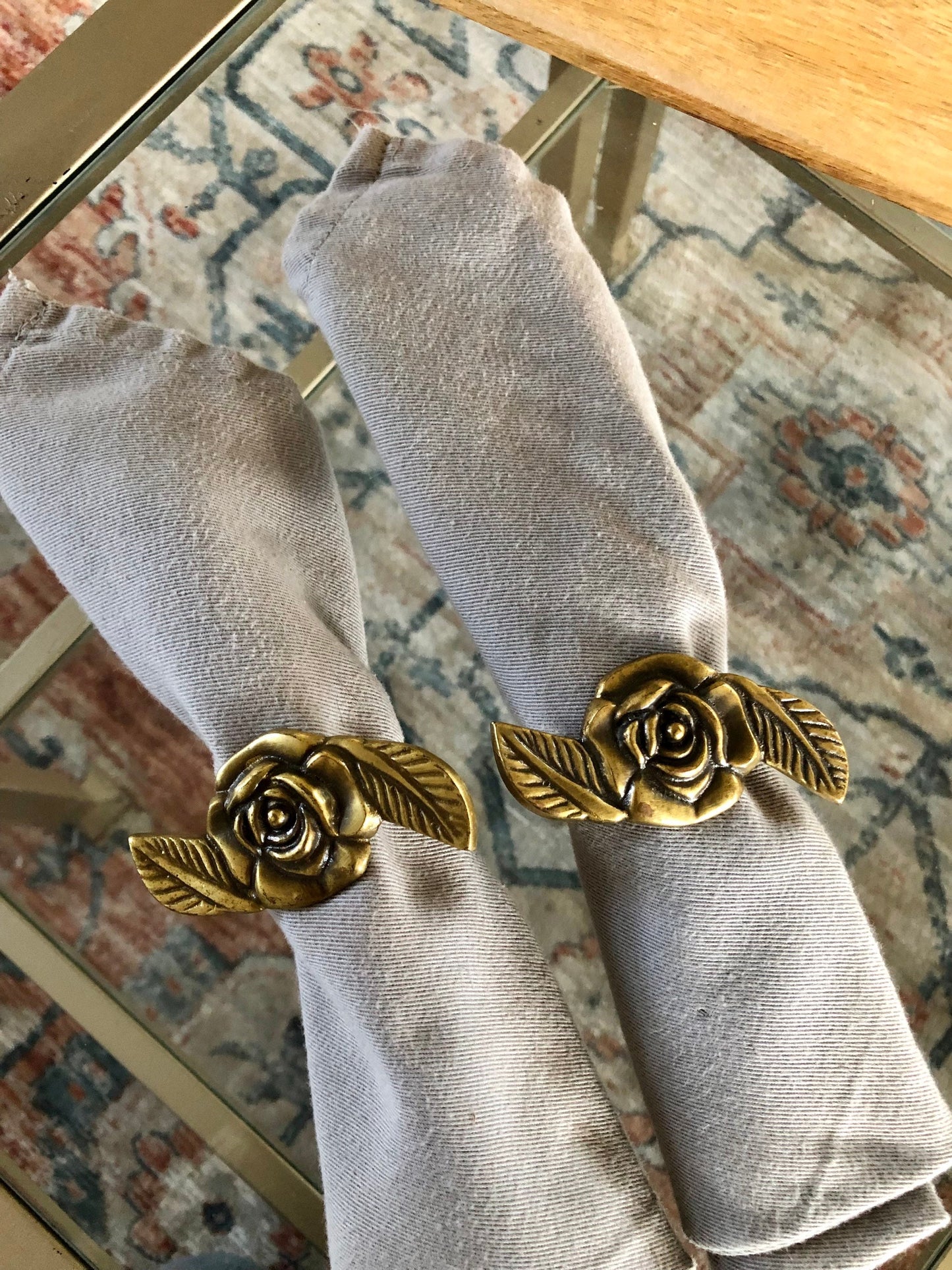 Vintage Gold Brass Rose Napkin Rings | Flower Brass Napkin Holders | Set of 4