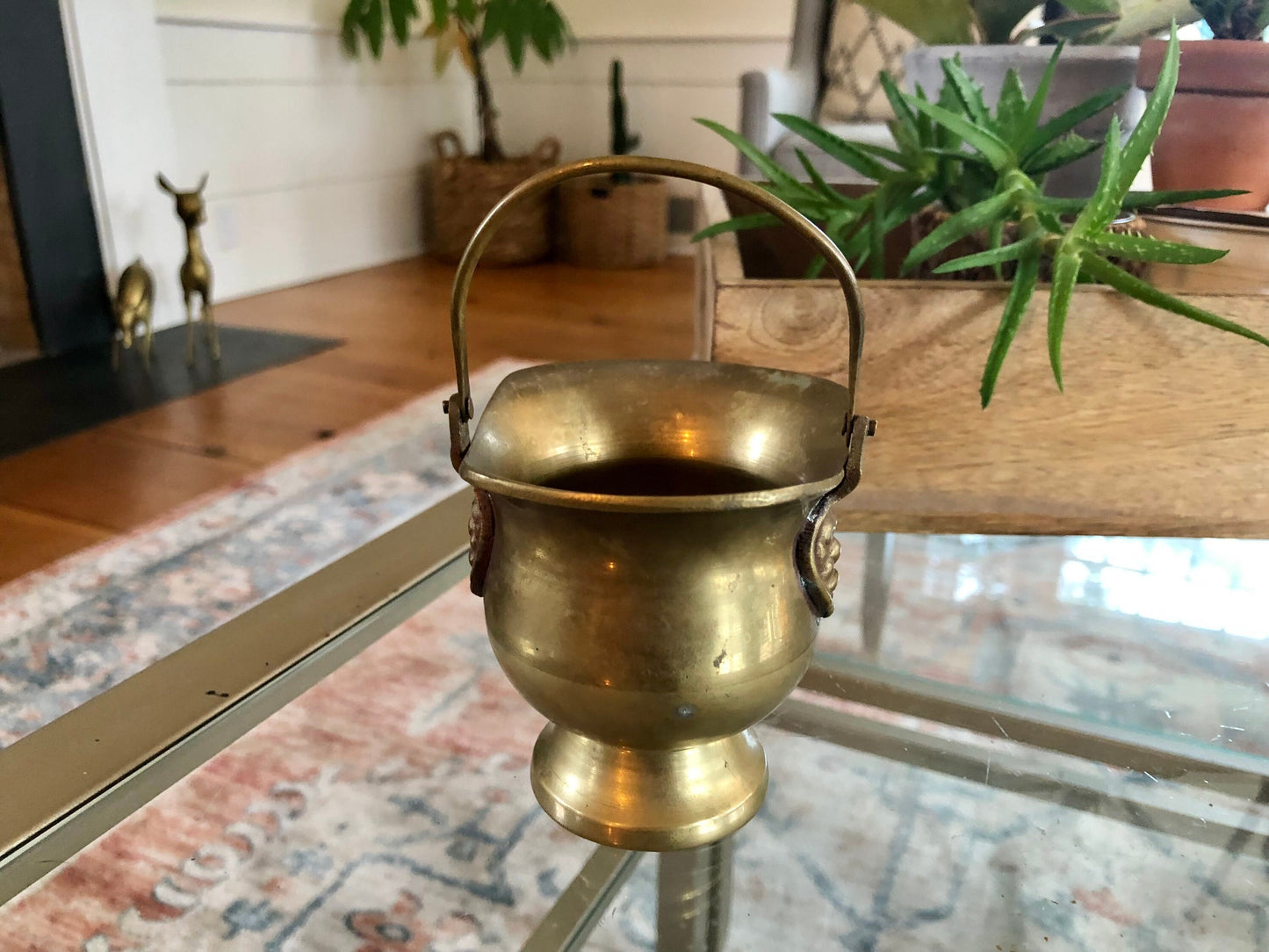 Antique Brass Mini Ash Pail, Planter, Pot, Bucket With Handle, Farmhouse Home Decor, Country French Decor, Copper Kitchen Campfire Pot