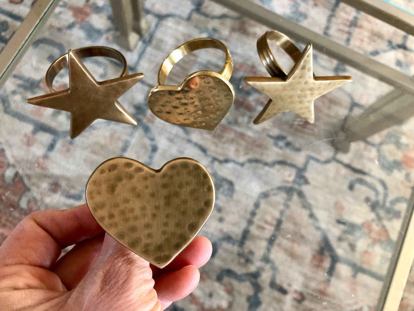 Vintage Gold Brass Hearts & Stars Napkin Rings, Solid Brass Napkin Holders, Set of 4