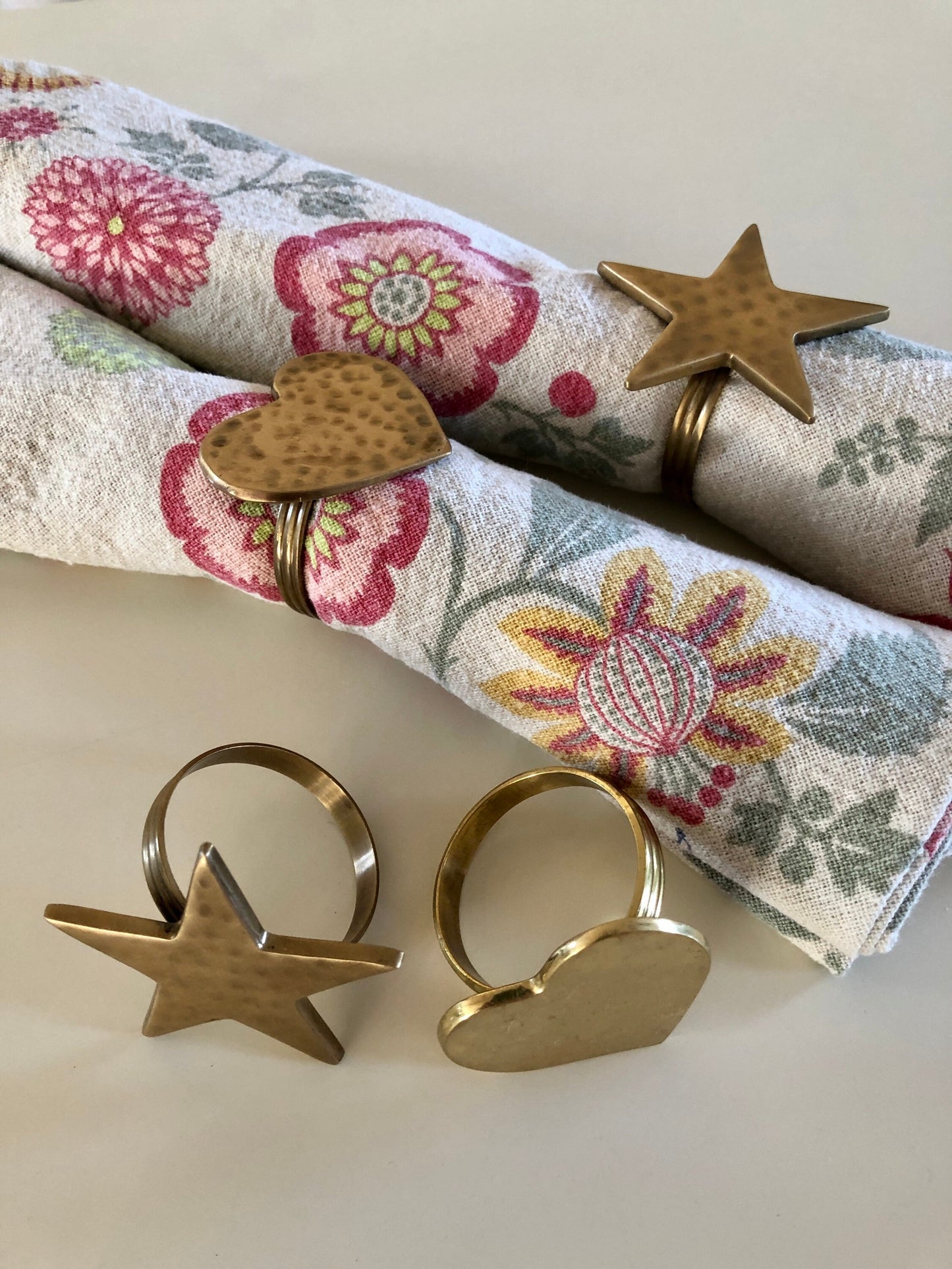 Vintage Gold Brass Hearts & Stars Napkin Rings, Solid Brass Napkin Holders, Set of 4