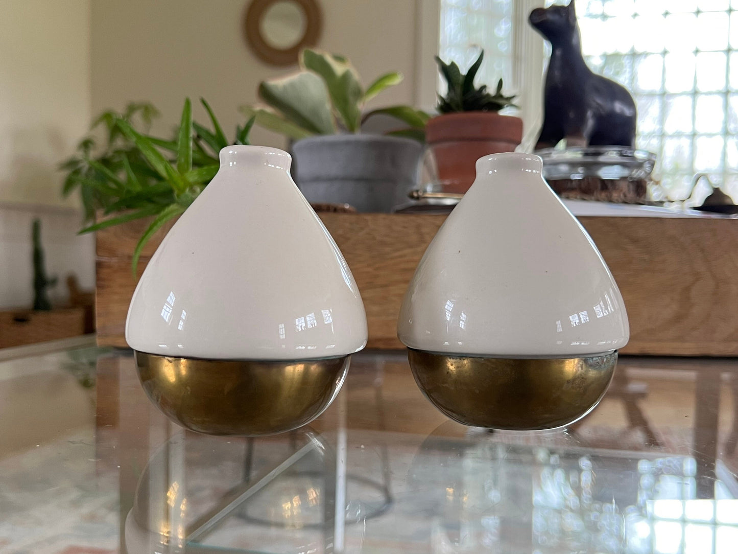 Vintage Ceramic and Brass Salt and Pepper Shakers, Gold & Cream, Mid-Century Modern Tear Drop Shape Spice Shakers