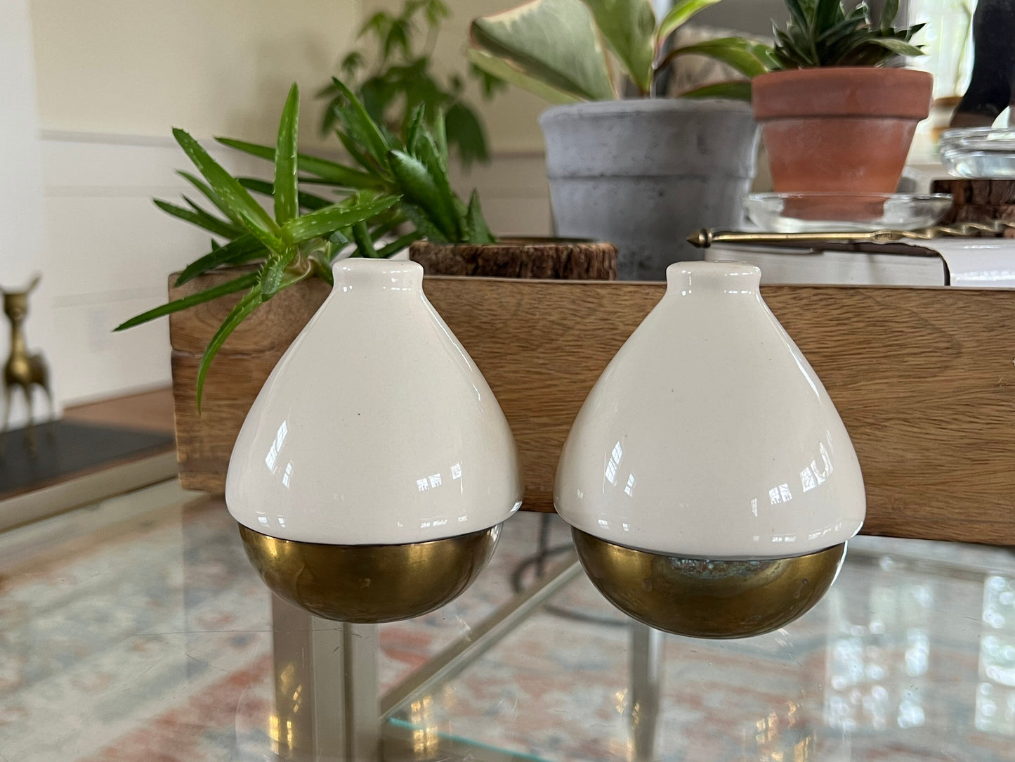 Vintage Ceramic and Brass Salt and Pepper Shakers, Gold & Cream, Mid-Century Modern Tear Drop Shape Spice Shakers