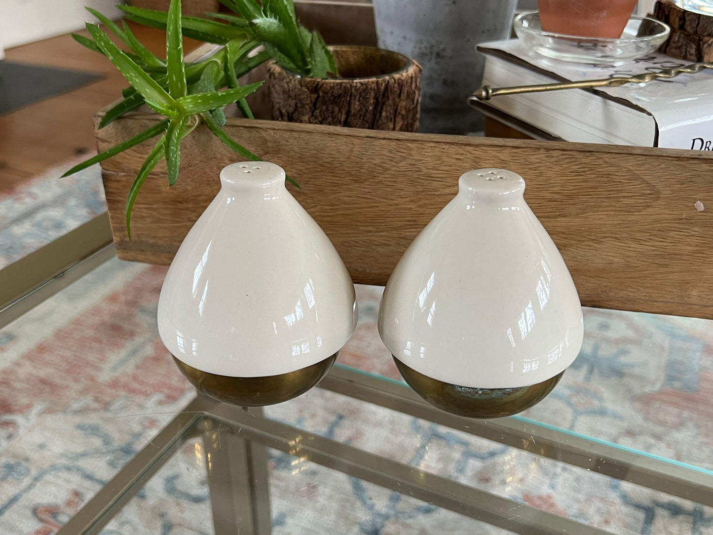 Vintage Ceramic and Brass Salt and Pepper Shakers, Gold & Cream, Mid-Century Modern Tear Drop Shape Spice Shakers