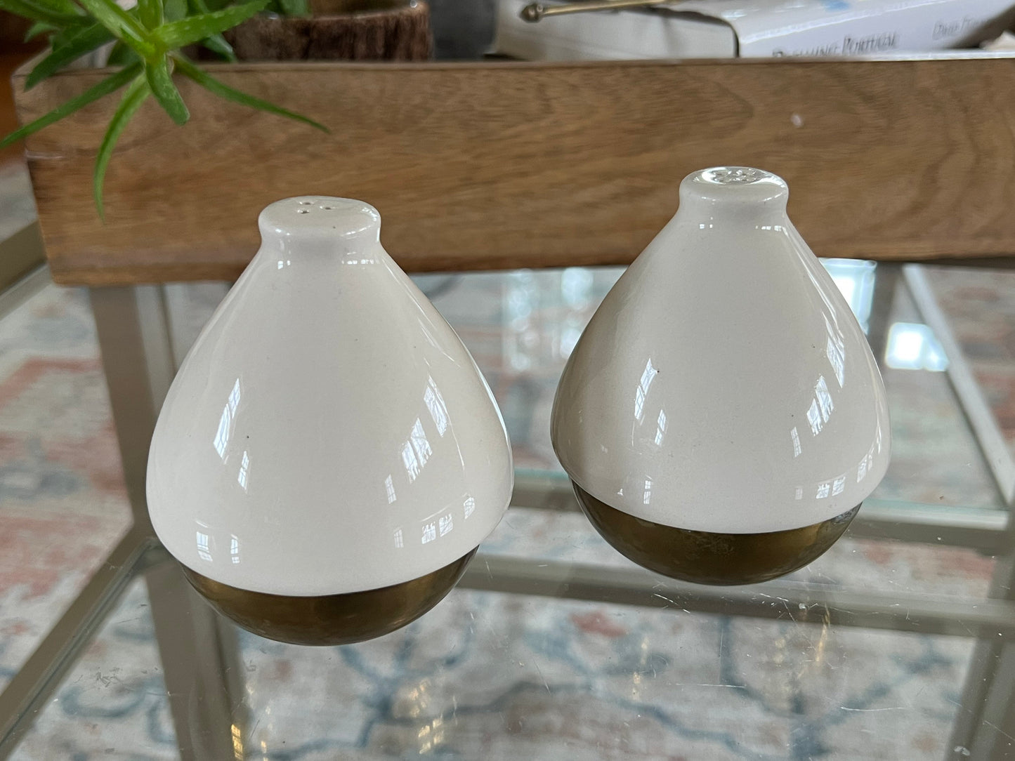 Vintage Ceramic and Brass Salt and Pepper Shakers, Gold & Cream, Mid-Century Modern Tear Drop Shape Spice Shakers