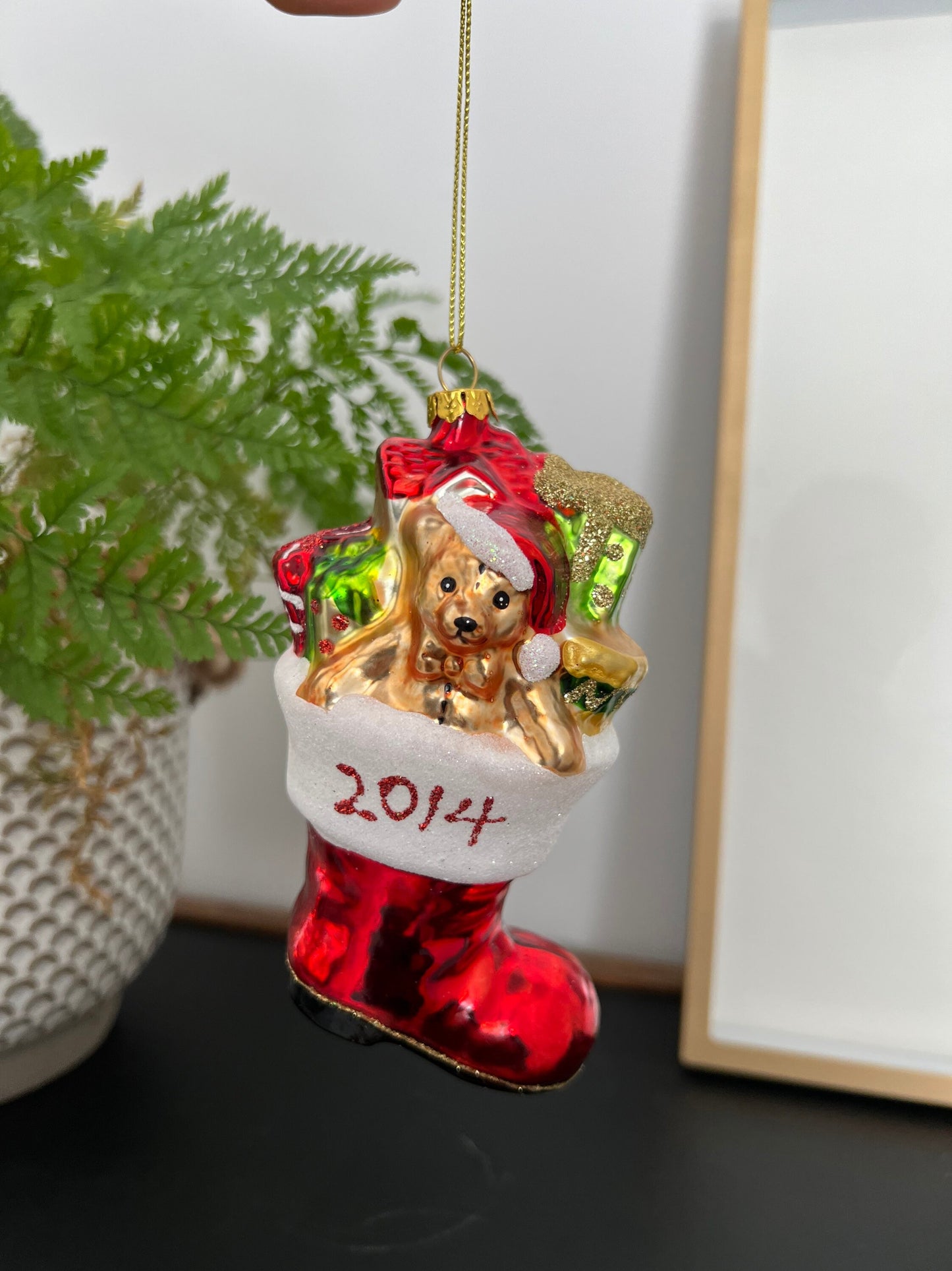 2014 Glass Christmas Ornament, Boot Filled with Toys, Stocking Stuffer, Red Boot and Teddy Bear