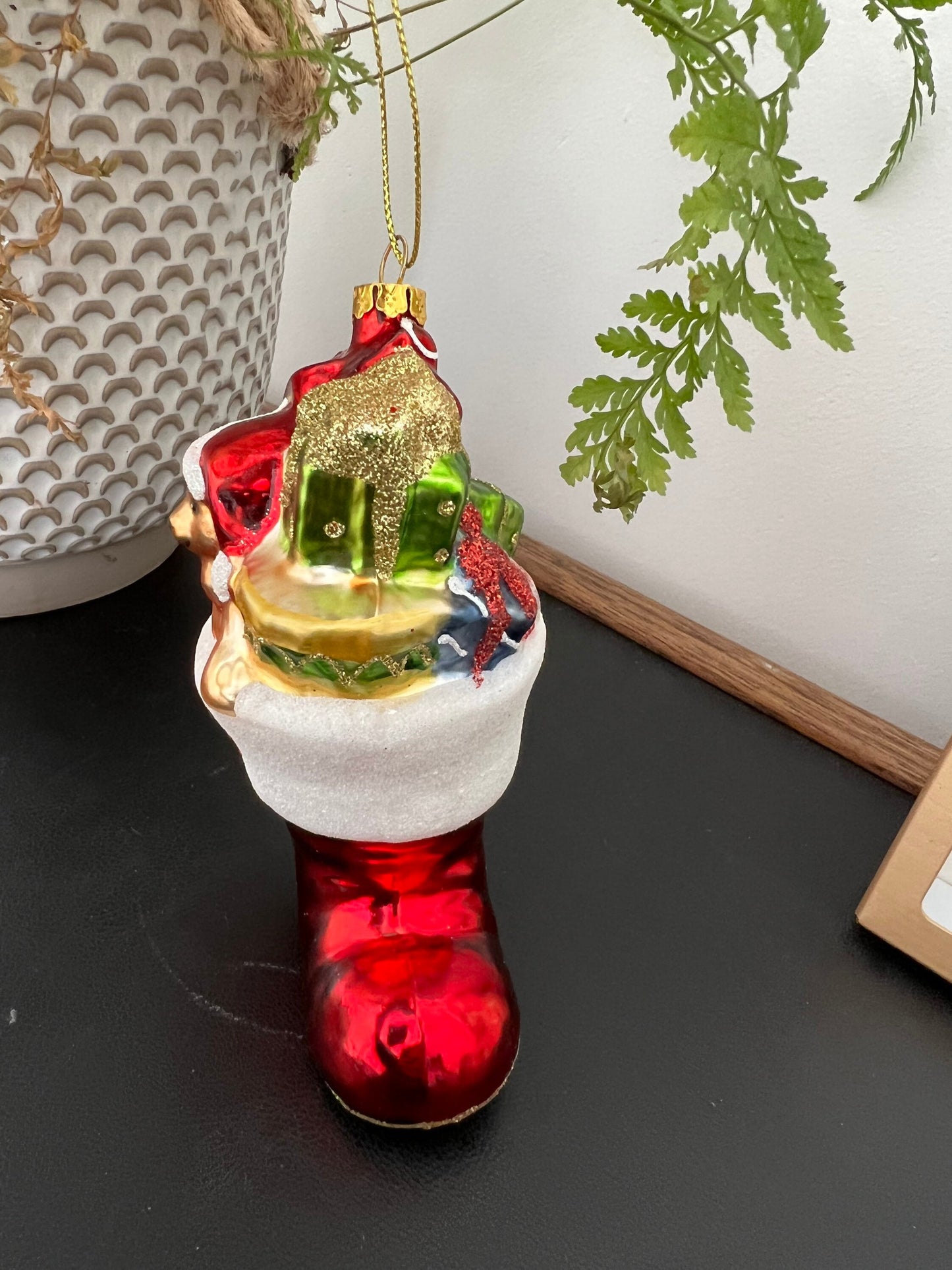 2014 Glass Christmas Ornament, Boot Filled with Toys, Stocking Stuffer, Red Boot and Teddy Bear