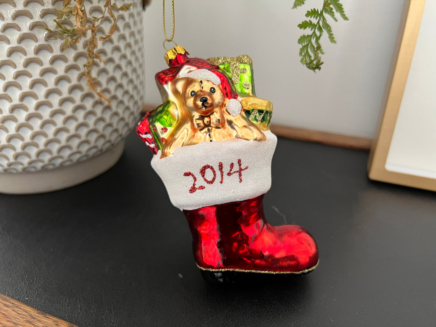 2014 Glass Christmas Ornament, Boot Filled with Toys, Stocking Stuffer, Red Boot and Teddy Bear