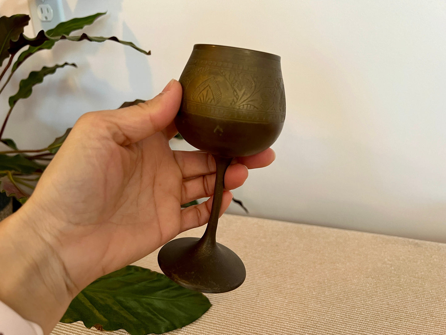 Vintage Etched Brass Chalice, Wine Glass, Gold, Elegant & Traditional Goblet, Bohemian