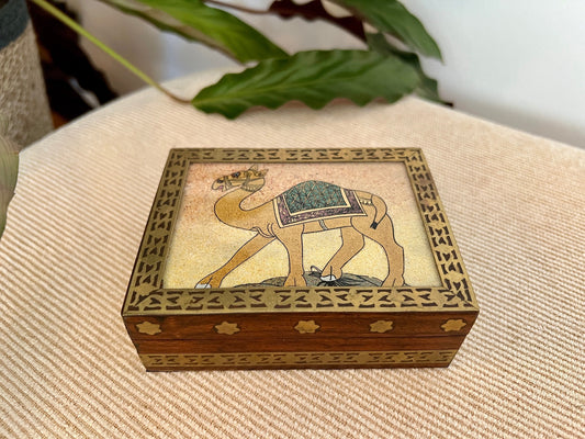 Vintage Brass Embossed Square Wooden Box, Camel Folk Art, Handmade Boho Box, Keepsake Box, Vintage Trinket Box, India, Jewelry Box, Desert