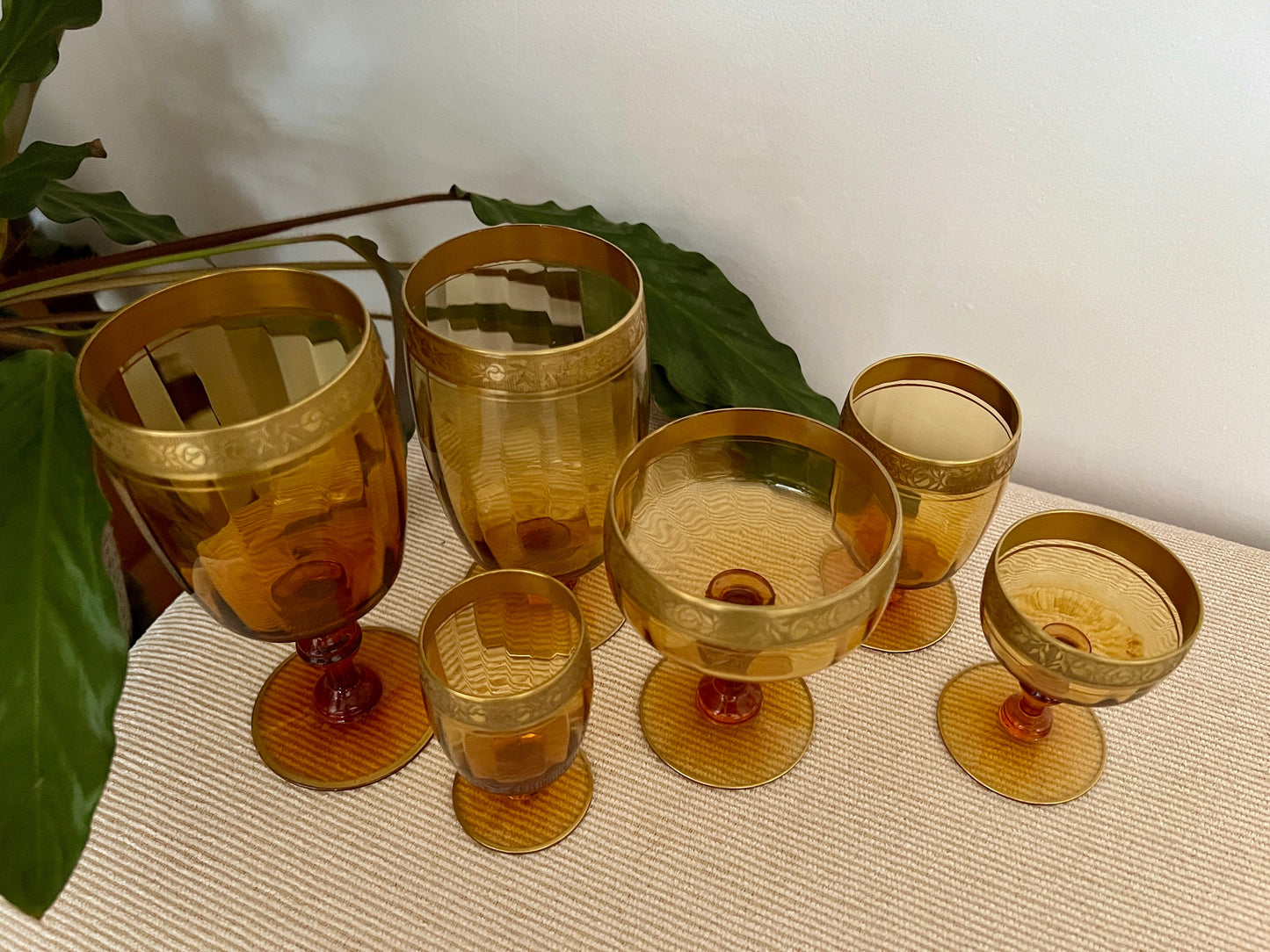 1940s Amber Formal Table Setting Glassware, Set of 6, Water, Wine, Champagne, Cordial, Port, Sherry Glass, Gold Floral Rim