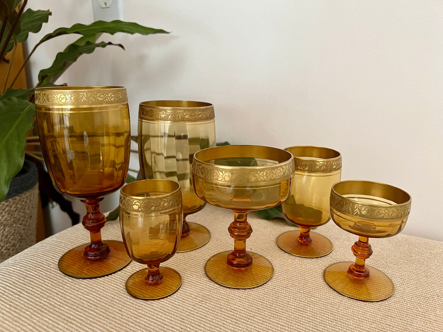 1940s Amber Formal Table Setting Glassware, Set of 6, Water, Wine, Champagne, Cordial, Port, Sherry Glass, Gold Floral Rim