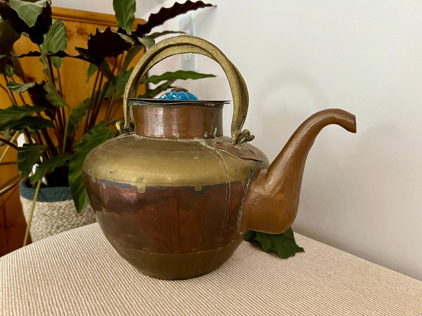 Vintage Copper & Brass Tea Kettle, Teapot with Ceramic Knob Detail, Country Cottage Tea Kettle, Kitchen Coffee Pot