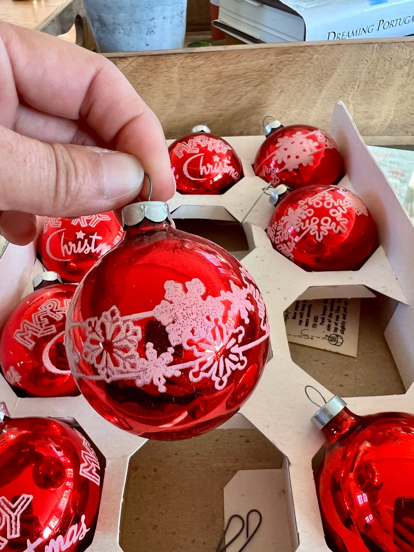 Vtg Trimmings Glass Christmas Ornaments, Set of 9, Red with White 'Merry Christmas' or snow flake detailing, Ball Ornaments, Holiday