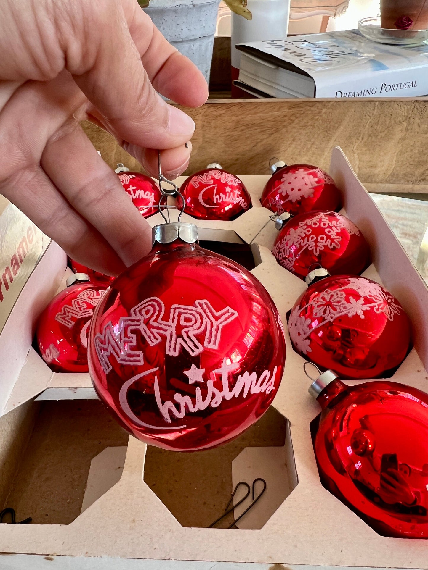 Vtg Trimmings Glass Christmas Ornaments, Set of 9, Red with White 'Merry Christmas' or snow flake detailing, Ball Ornaments, Holiday