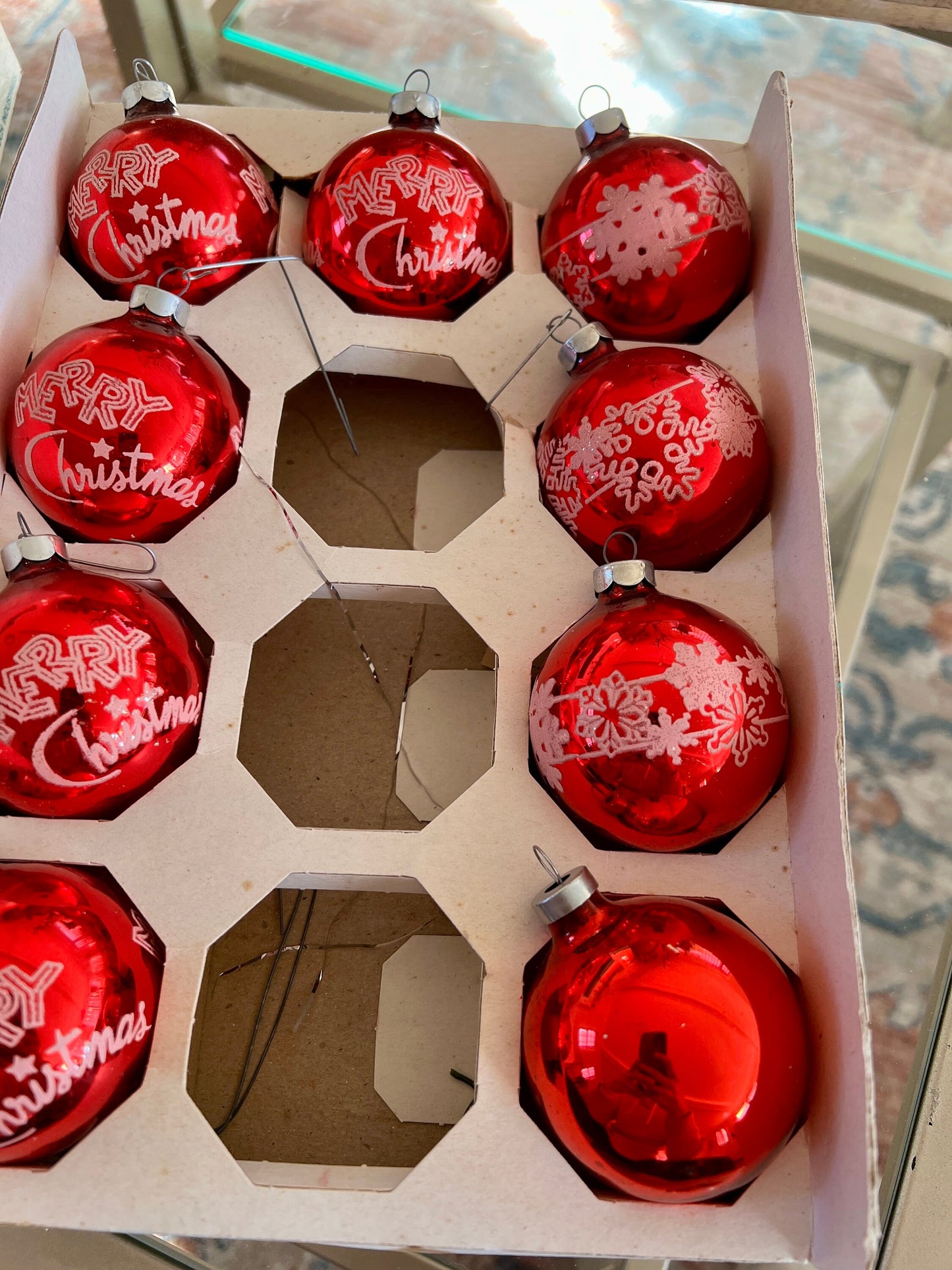 Vtg Trimmings Glass Christmas Ornaments, Set of 9, Red with White 'Merry Christmas' or snow flake detailing, Ball Ornaments, Holiday