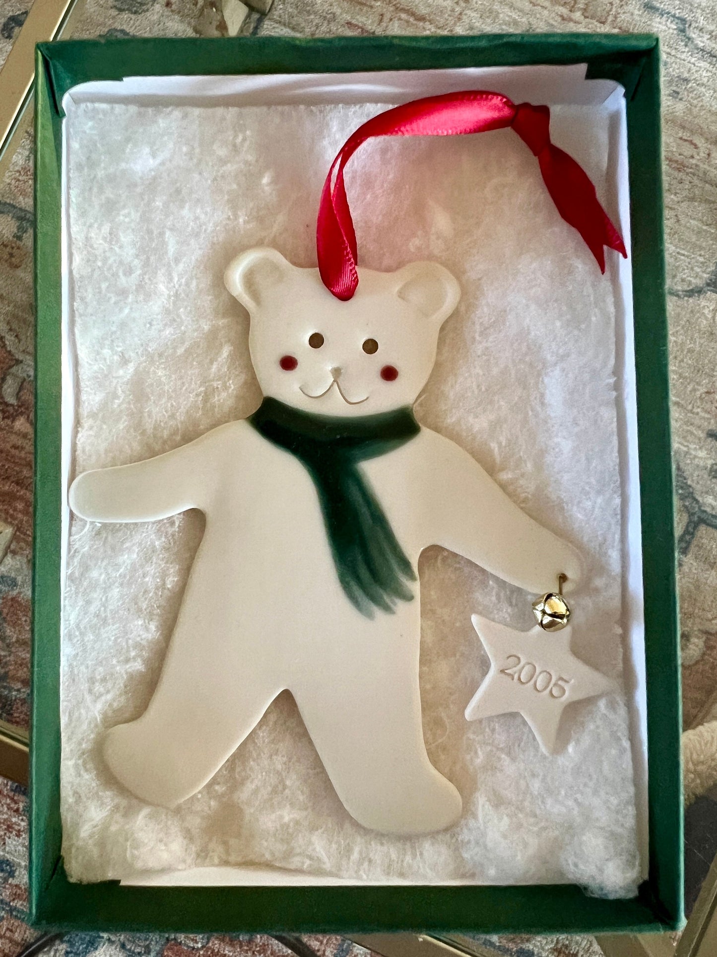 Handmade 2005 Ceramic Christmas Ornament- Bear with green scarf, Holiday Tree Decor, Vermont Crafts