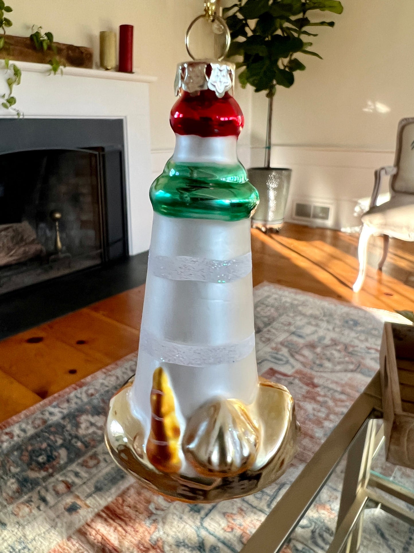 Vintage Mercury Glass Lighthouse at Sea Christmas Ornament / Hand Painted / Beach Holidays