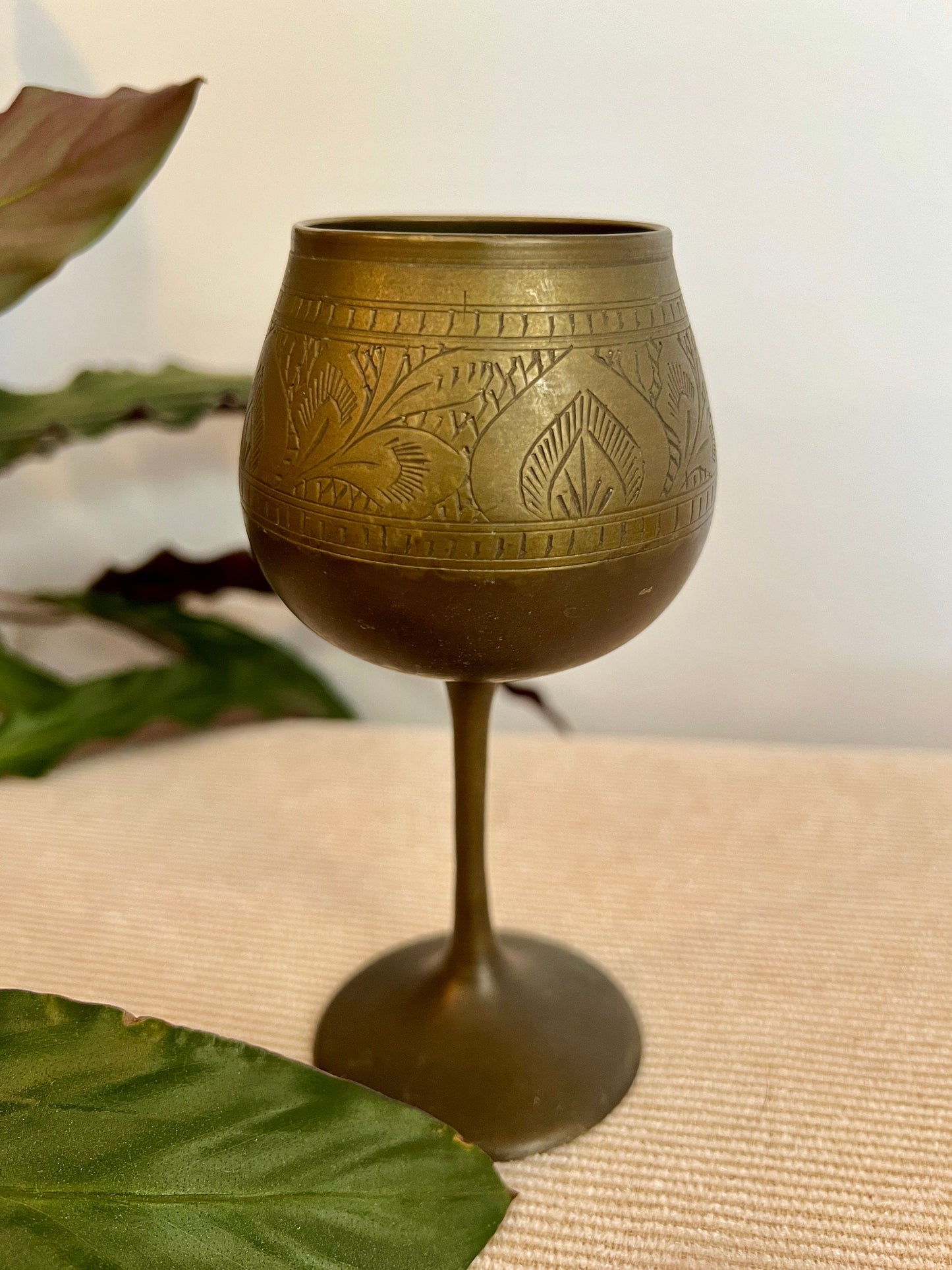 Vintage Etched Brass Chalice, Wine Glass, Gold, Elegant & Traditional Goblet, Bohemian