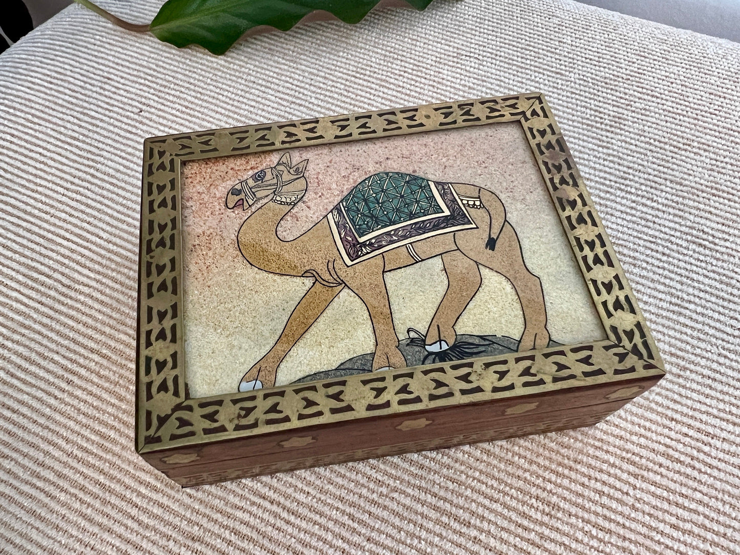 Vintage Brass Embossed Square Wooden Box, Camel Folk Art, Handmade Boho Box, Keepsake Box, Vintage Trinket Box, India, Jewelry Box, Desert