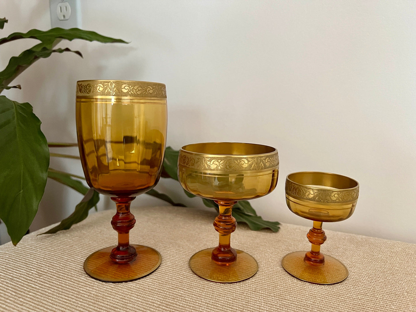 1940s Amber Formal Table Setting Glassware, Set of 6, Water, Wine, Champagne, Cordial, Port, Sherry Glass, Gold Floral Rim