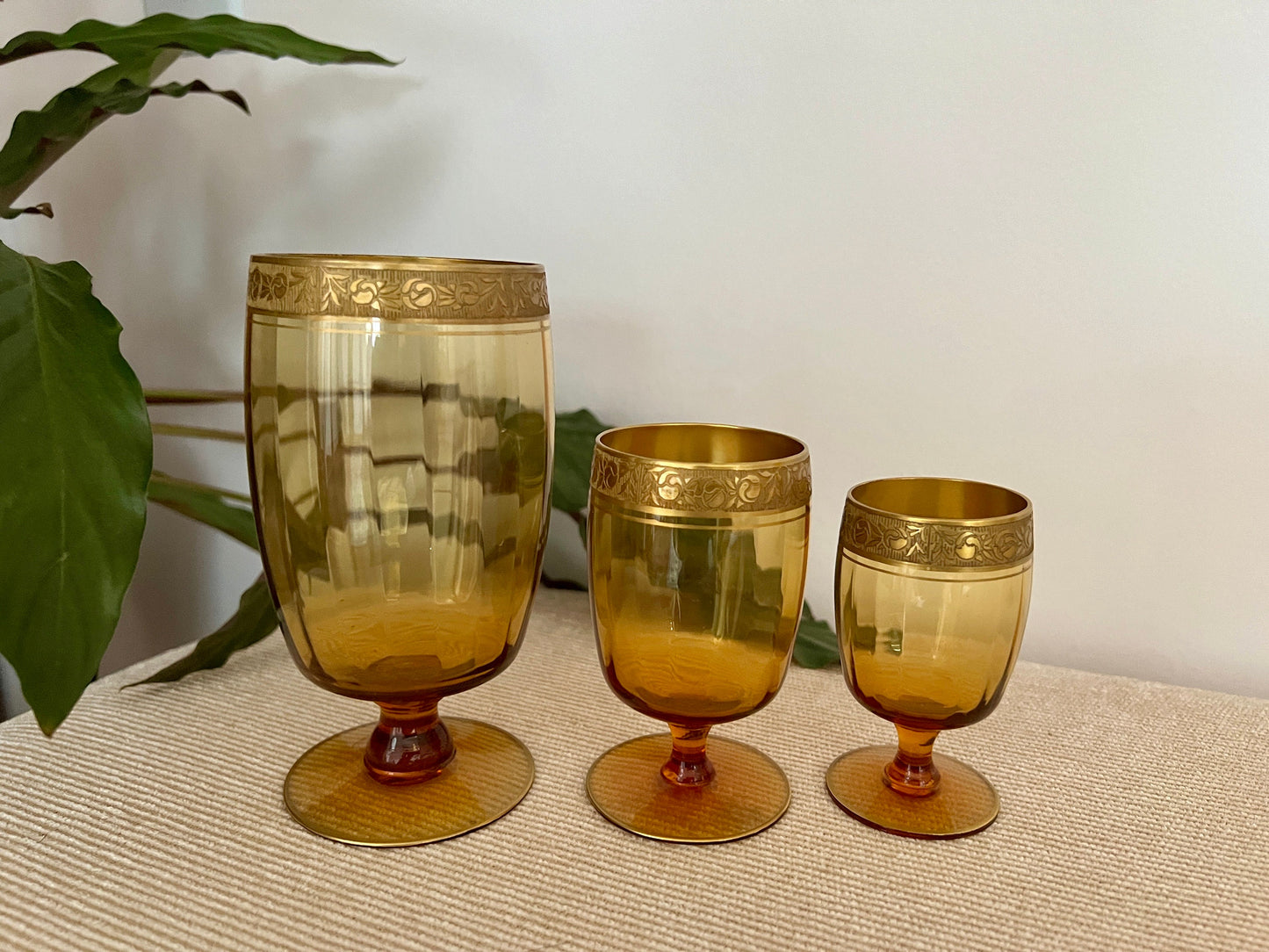 1940s Amber Formal Table Setting Glassware, Set of 6, Water, Wine, Champagne, Cordial, Port, Sherry Glass, Gold Floral Rim