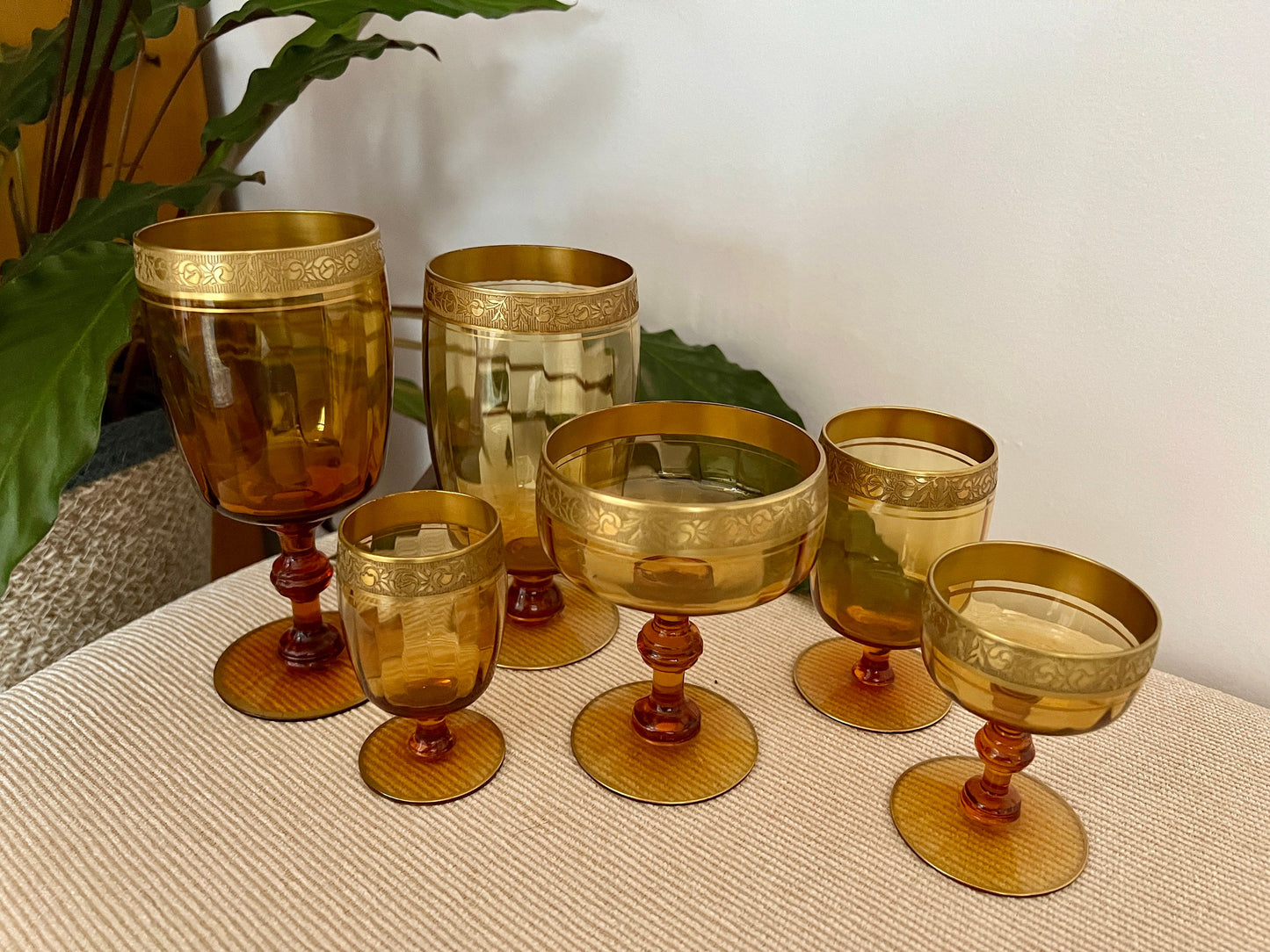 1940s Amber Formal Table Setting Glassware, Set of 6, Water, Wine, Champagne, Cordial, Port, Sherry Glass, Gold Floral Rim