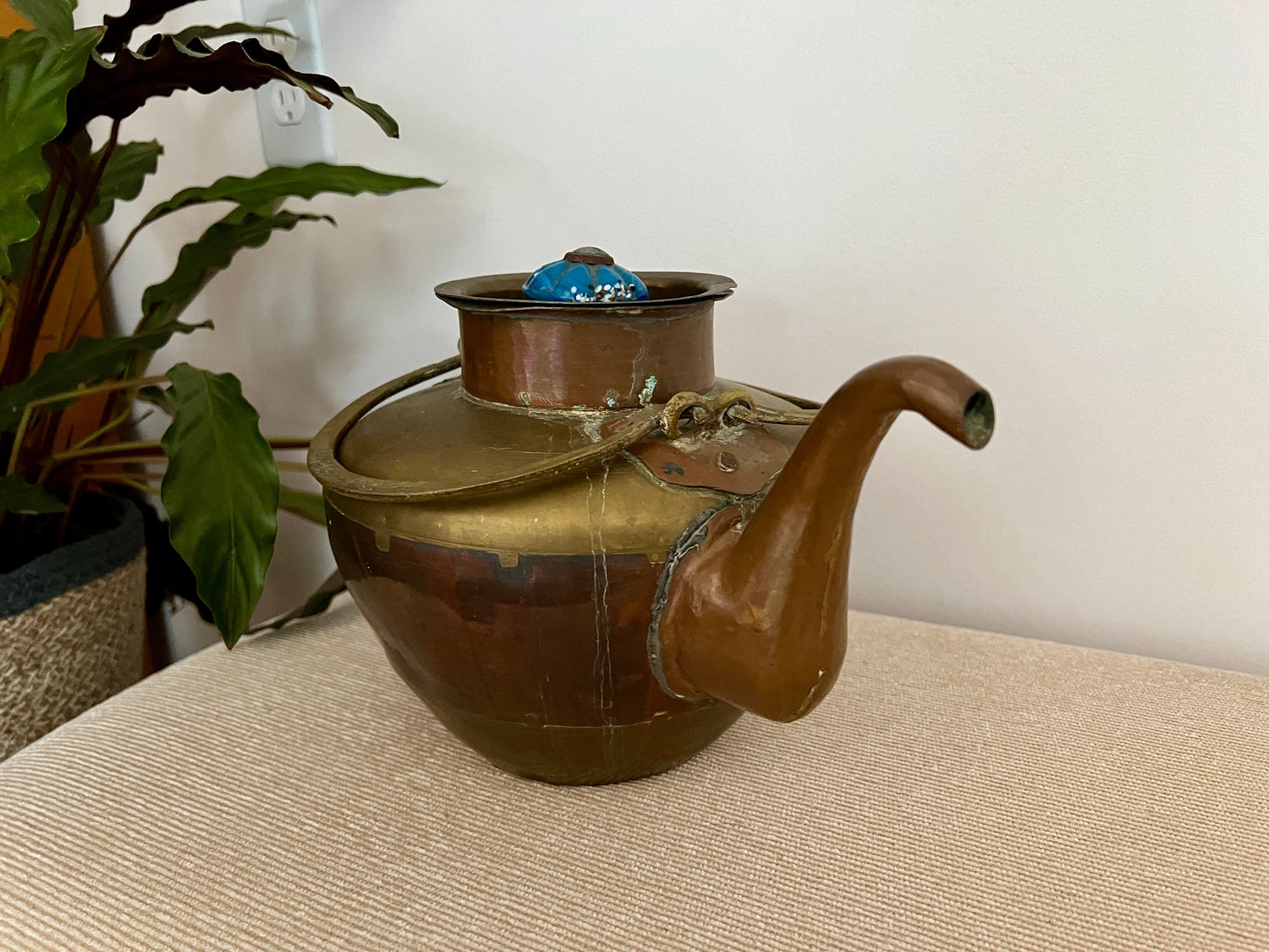 Vintage Copper & Brass Tea Kettle, Teapot with Ceramic Knob Detail, Country Cottage Tea Kettle, Kitchen Coffee Pot