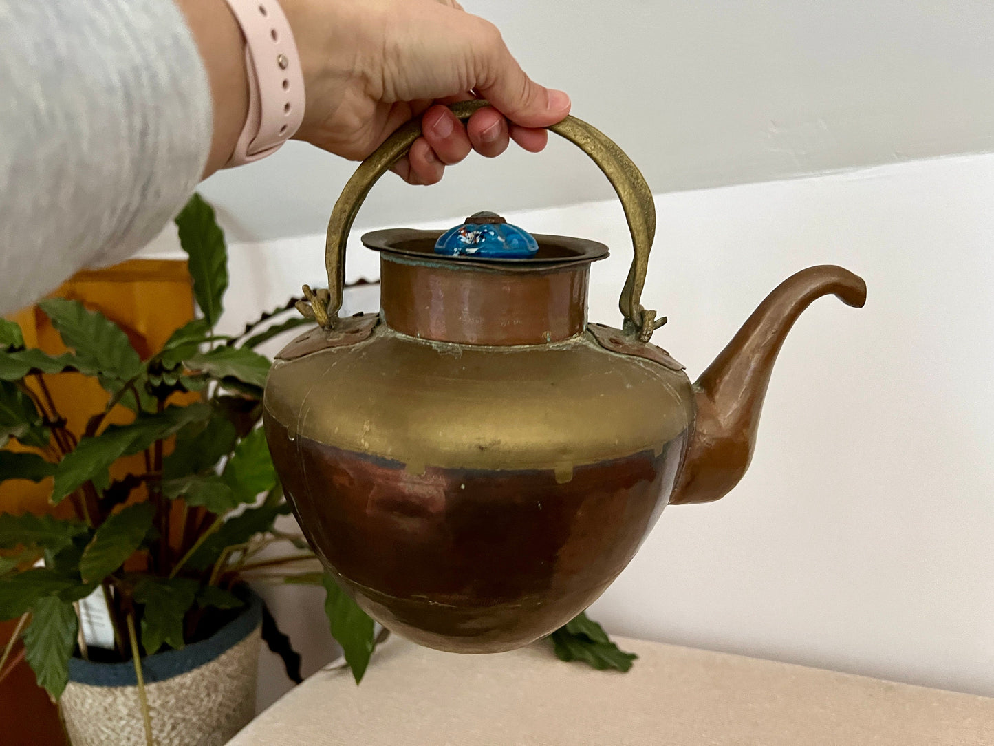 Vintage Copper & Brass Tea Kettle, Teapot with Ceramic Knob Detail, Country Cottage Tea Kettle, Kitchen Coffee Pot