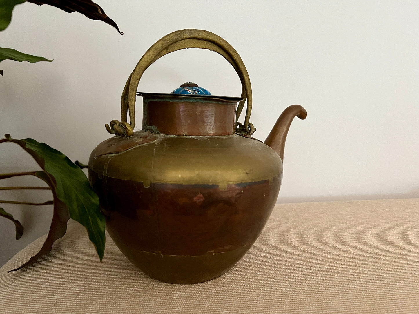 Vintage Copper & Brass Tea Kettle, Teapot with Ceramic Knob Detail, Country Cottage Tea Kettle, Kitchen Coffee Pot