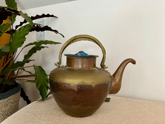 Vintage Copper & Brass Tea Kettle, Teapot with Ceramic Knob Detail, Country Cottage Tea Kettle, Kitchen Coffee Pot