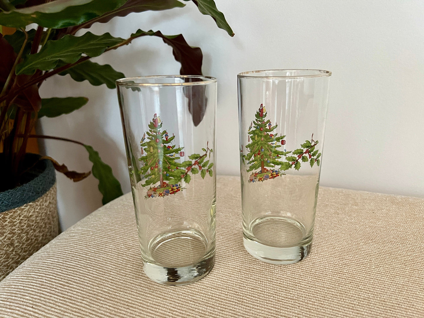 Vintage Spode Christmas Tree Glasses, Water Glasses 2 pc set, Santa Claus Christmas Tree Top, Drink Glass, Barware