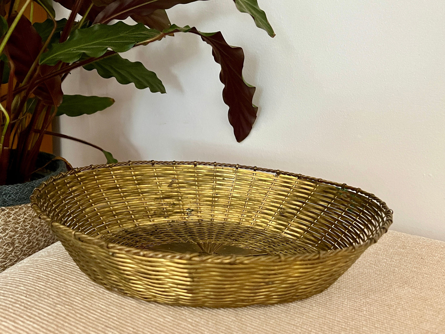 Vintage Brass Woven Basket, Oval Bread Basket, Gold Metal Basket