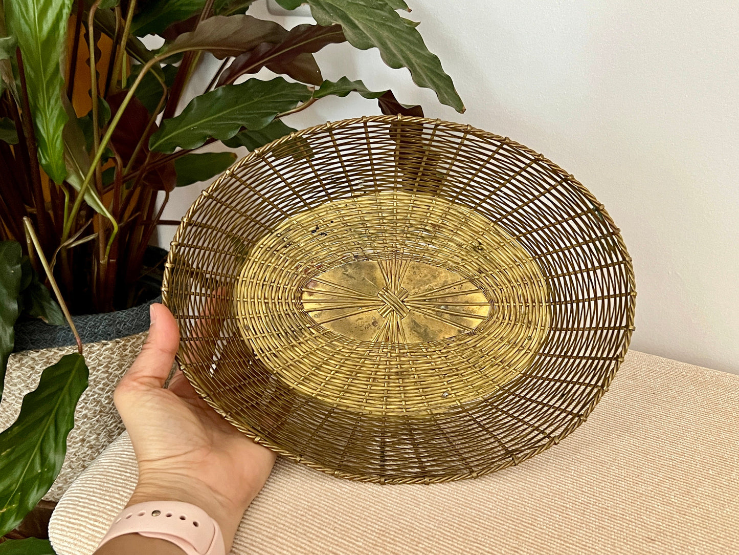 Vintage Brass Woven Basket, Oval Bread Basket, Gold Metal Basket