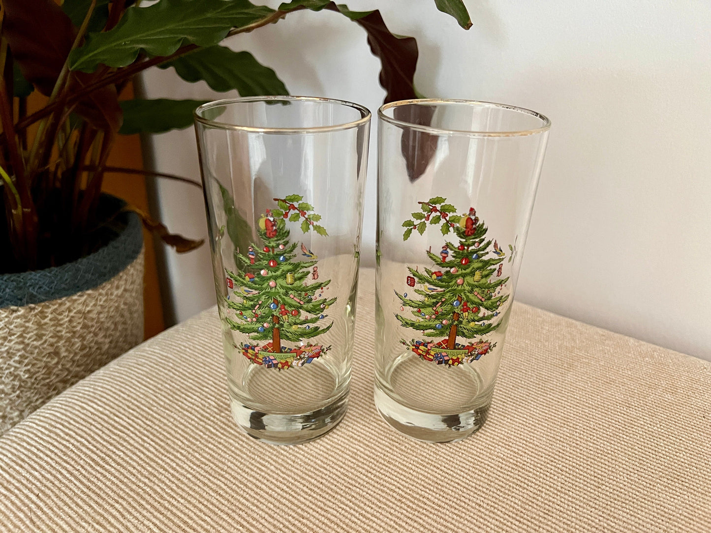 Vintage Spode Christmas Tree Glasses, Water Glasses 2 pc set, Santa Claus Christmas Tree Top, Drink Glass, Barware