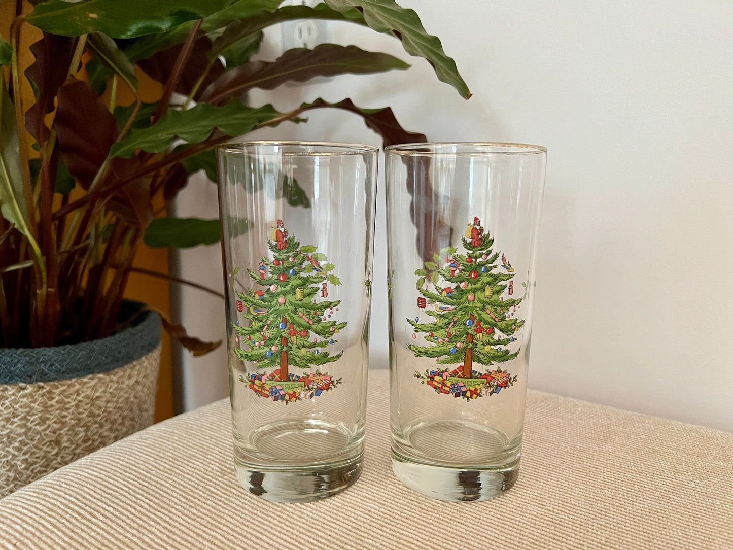 Vintage Spode Christmas Tree Glasses, Water Glasses 2 pc set, Santa Claus Christmas Tree Top, Drink Glass, Barware