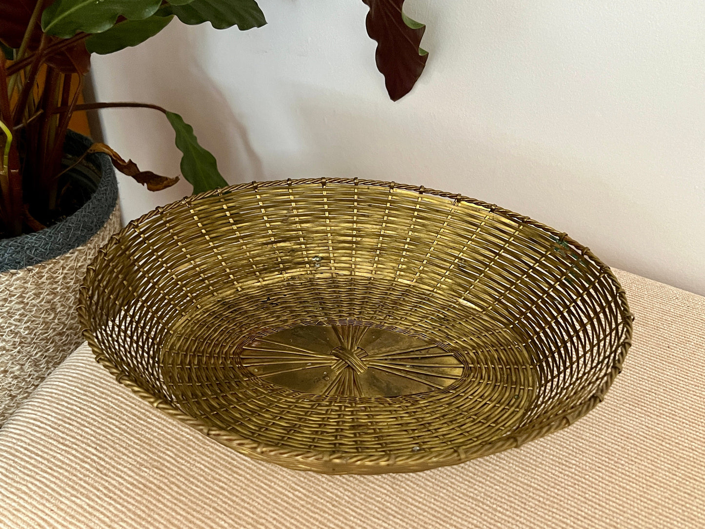 Vintage Brass Woven Basket, Oval Bread Basket, Gold Metal Basket