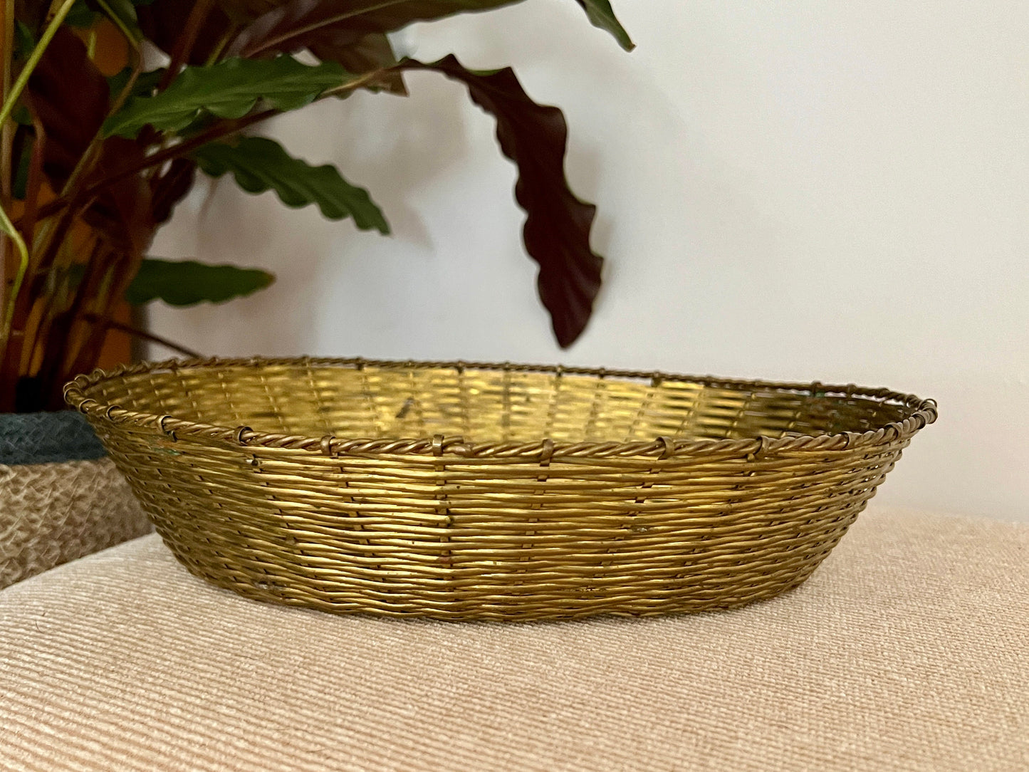 Vintage Brass Woven Basket, Oval Bread Basket, Gold Metal Basket