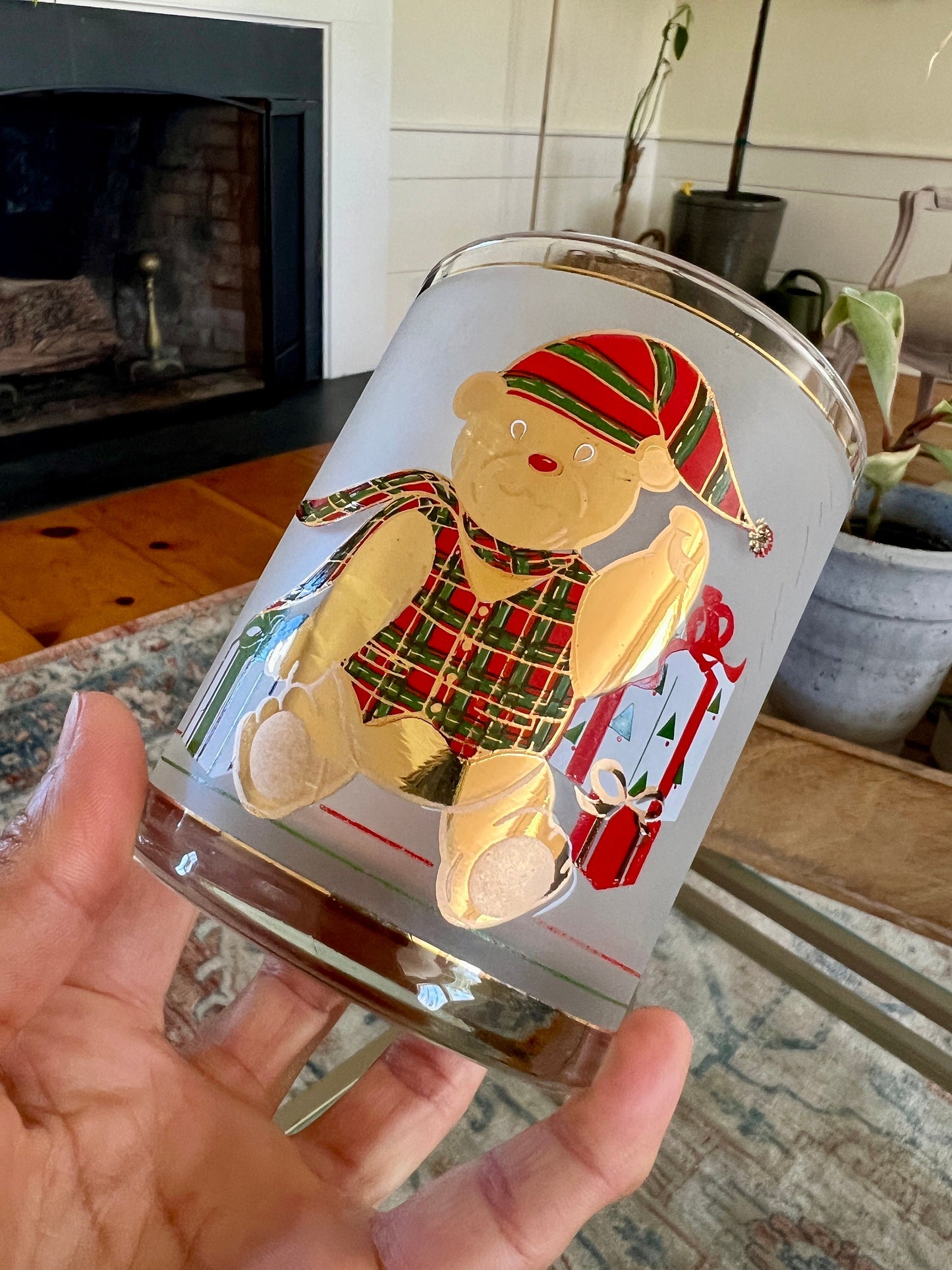 Vintage Culver Frosted Teddy Bear Double Old Fashioned Tumbler, Hand Silk Screened in USA Cocktail, Culver Gold Christmas Holiday Bear Glass