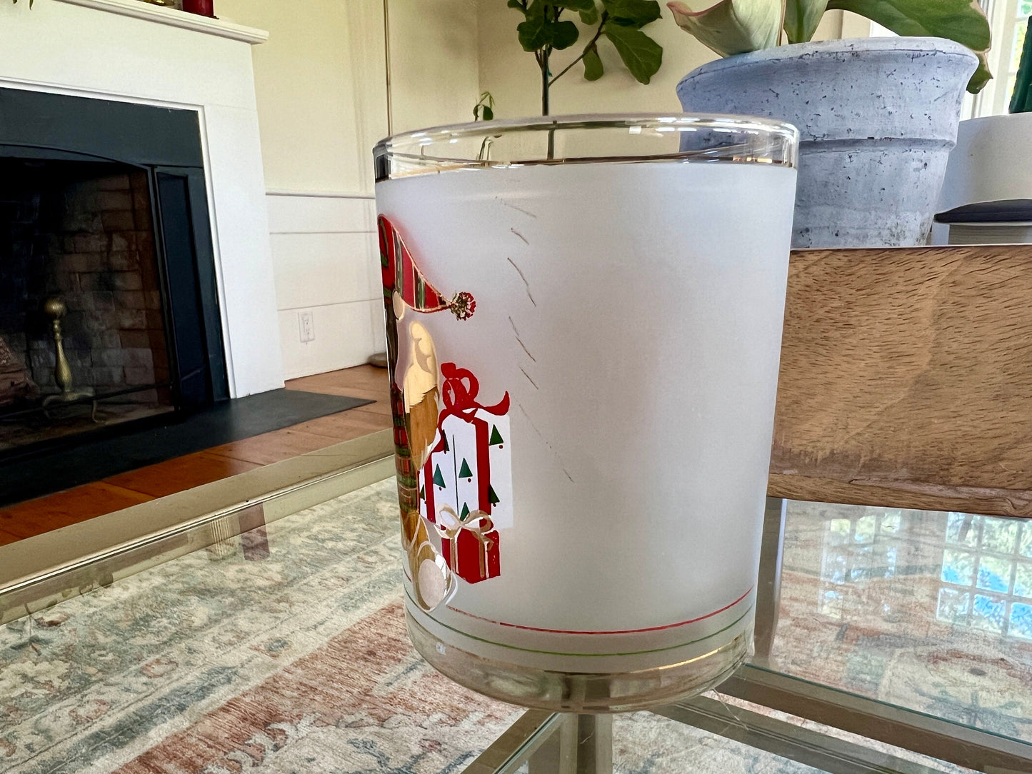 Vintage Culver Frosted Teddy Bear Double Old Fashioned Tumbler, Hand Silk Screened in USA Cocktail, Culver Gold Christmas Holiday Bear Glass