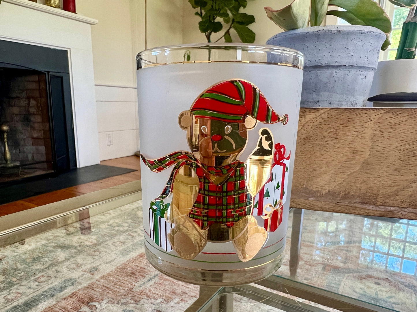 Vintage Culver Frosted Teddy Bear Double Old Fashioned Tumbler, Hand Silk Screened in USA Cocktail, Culver Gold Christmas Holiday Bear Glass