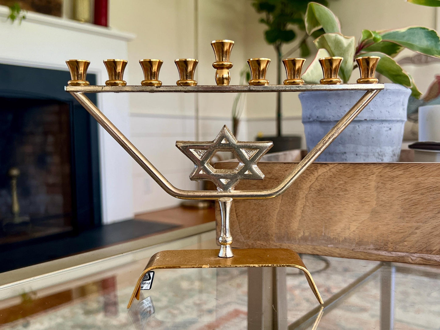 Vtg Mid Century kar shi Judaica Brass Menorah, Silver and Gold Plated, Footed Jewish Candle Holder, Jerusalem