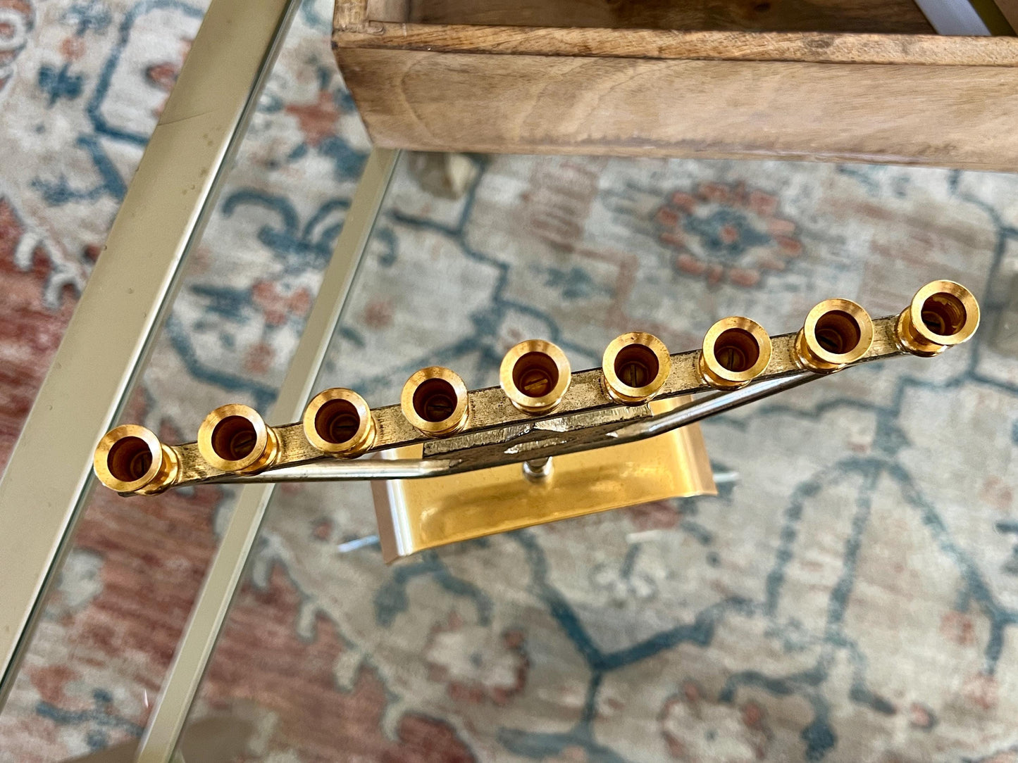 Vtg Mid Century kar shi Judaica Brass Menorah, Silver and Gold Plated, Footed Jewish Candle Holder, Jerusalem