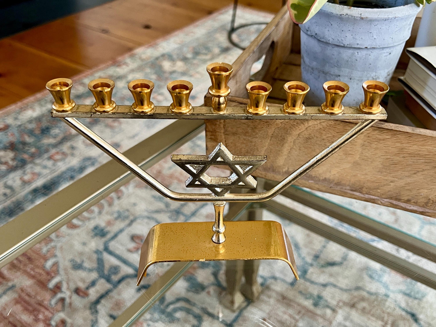 Vtg Mid Century kar shi Judaica Brass Menorah, Silver and Gold Plated, Footed Jewish Candle Holder, Jerusalem