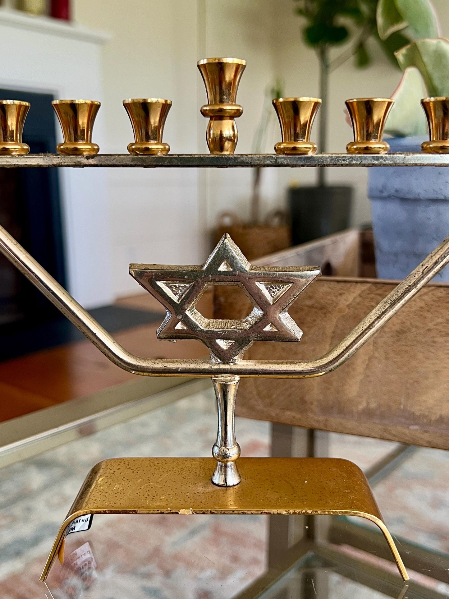 Vtg Mid Century kar shi Judaica Brass Menorah, Silver and Gold Plated, Footed Jewish Candle Holder, Jerusalem