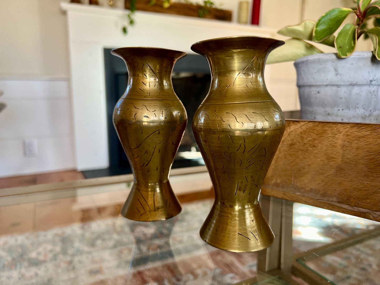 Vintage Pair of Brass Vases, Gold, Elegant, Traditional Vase, Bohemian, Etched Brass Bud Vases, Wildflower Vases