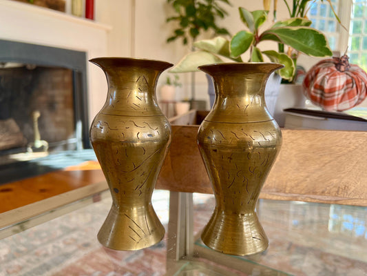 Vintage Pair of Brass Vases, Gold, Elegant, Traditional Vase, Bohemian, Etched Brass Bud Vases, Wildflower Vases