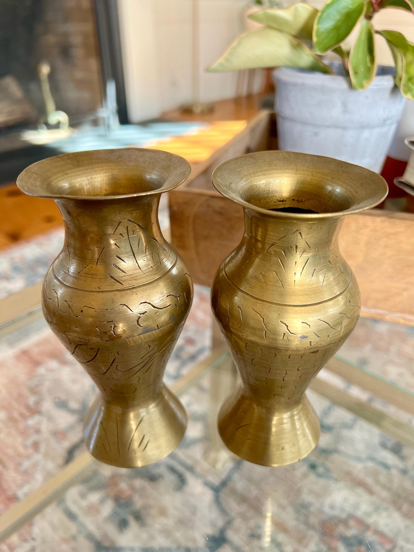 Vintage Pair of Brass Vases, Gold, Elegant, Traditional Vase, Bohemian, Etched Brass Bud Vases, Wildflower Vases