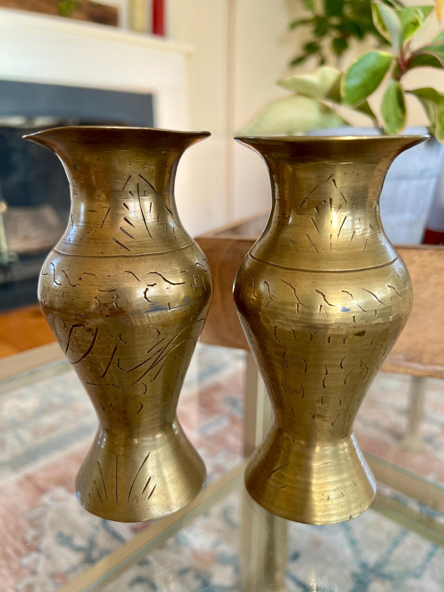 Vintage Pair of Brass Vases, Gold, Elegant, Traditional Vase, Bohemian, Etched Brass Bud Vases, Wildflower Vases