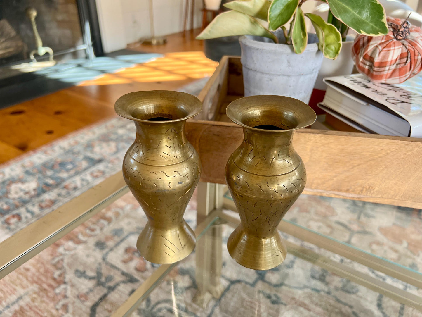 Vintage Pair of Brass Vases, Gold, Elegant, Traditional Vase, Bohemian, Etched Brass Bud Vases, Wildflower Vases