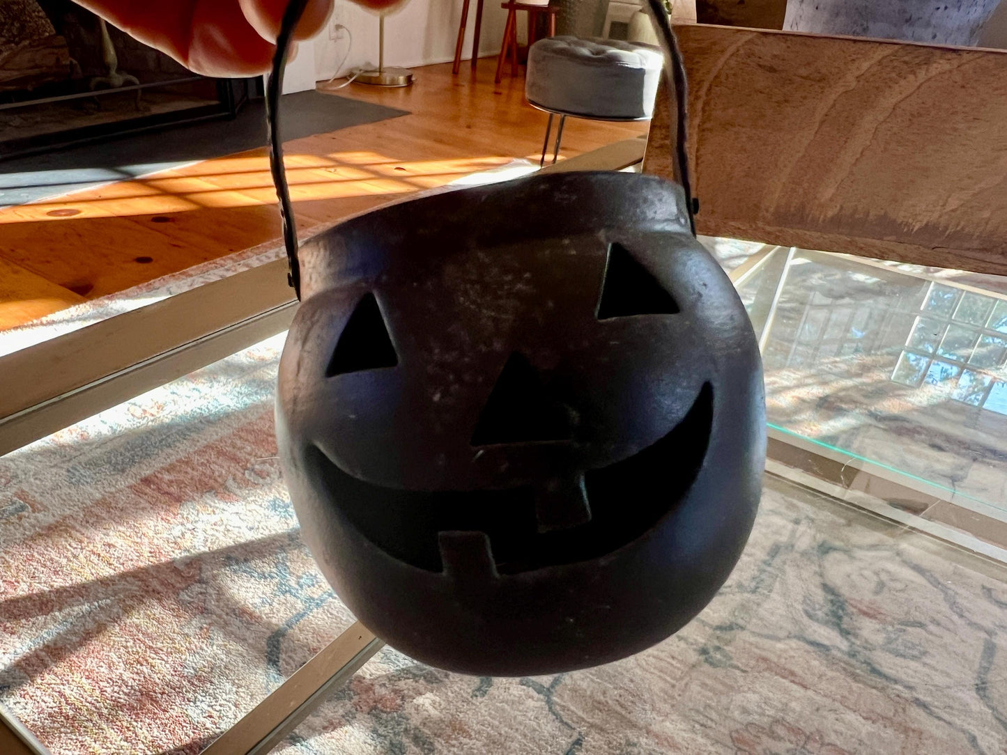 Vintage Metal Pumpkin Jack-O-Lantern Candle Holder, Black Metal Votive Candle Holder, Halloweeen, Hosley USA